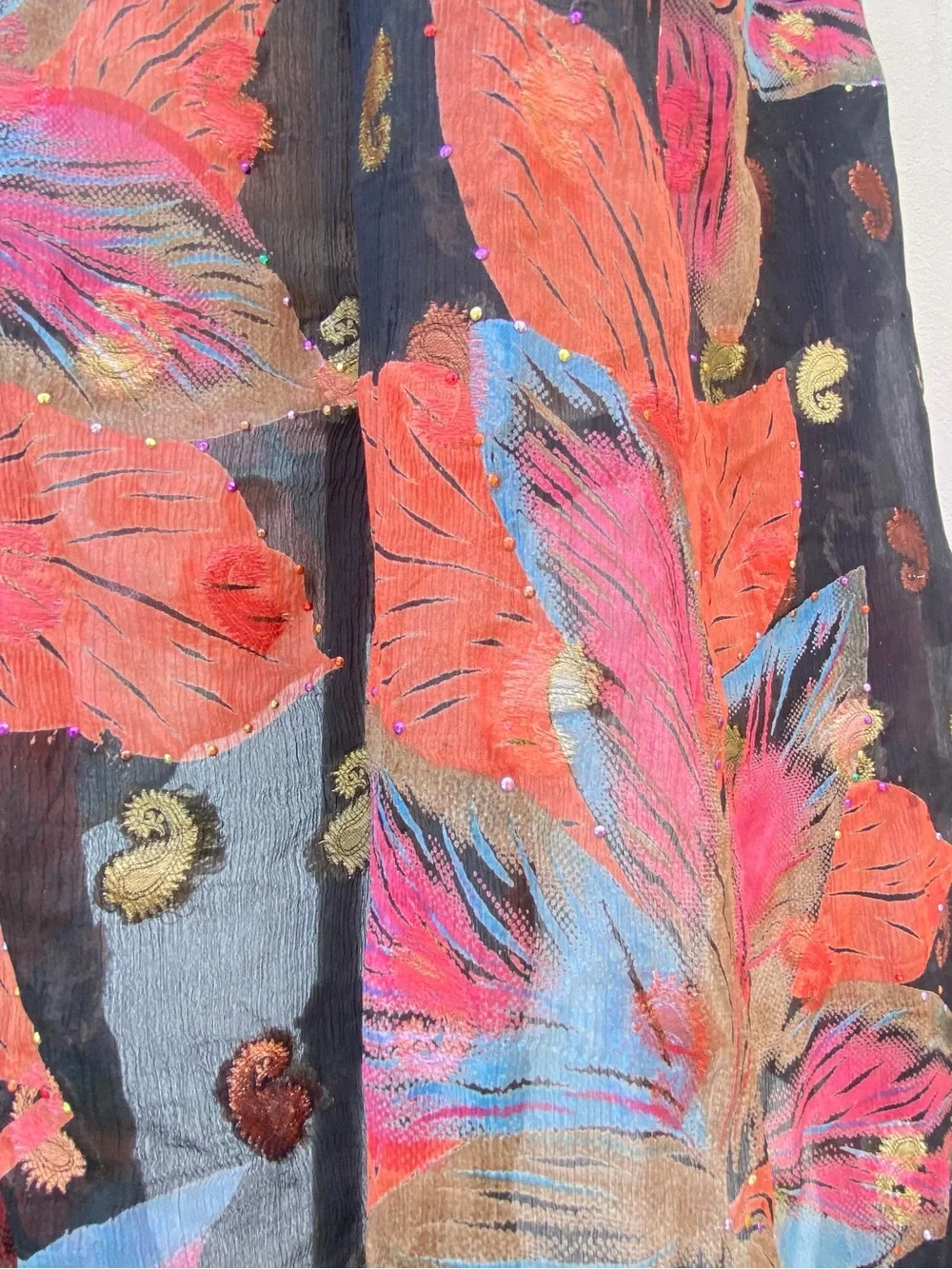 Whimsy 100% Silk Black Multicolor Floral Paisley Embroidered Rhinestone Shawl